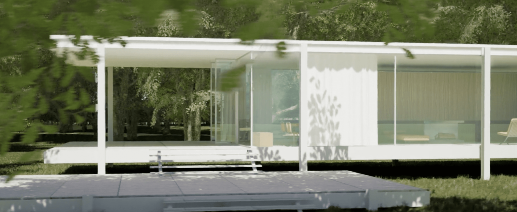 Imagen de 3D con el exterior de una casa de una planta en un jardín